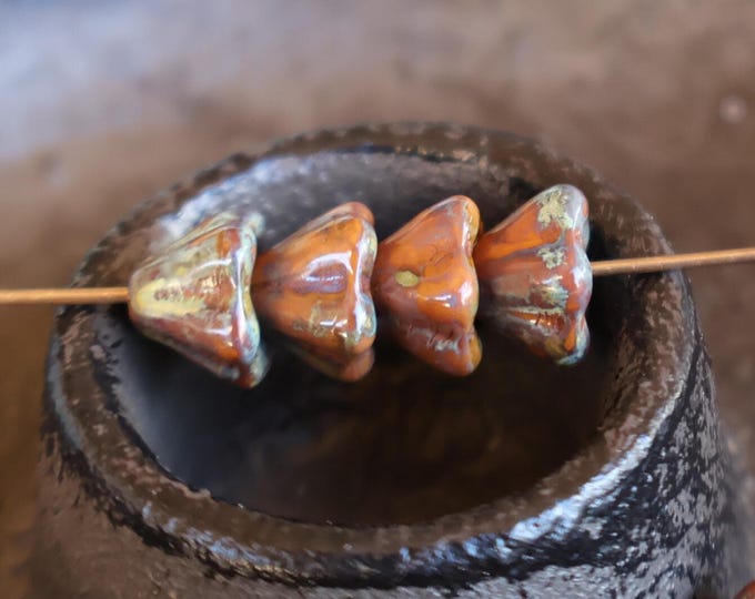 12 Czech Glass Flower Beads 6x8mm Goldenrod Picasso (BX 9 - 30)