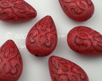 6 9x13mm Indochine Acrylic Teardrop Beads Antique Red (BX 9 - 5)