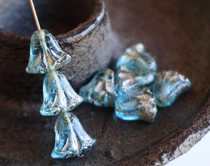 10mm Lily Bell - Aqua Gold Luster Picasso Czech Glass Beads