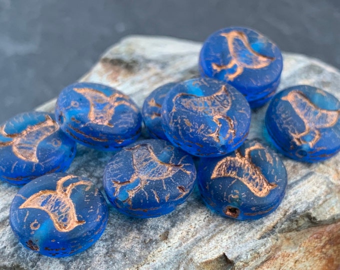 Czech Glass Bead 12mm Bird Matte Sapphire Bronze Picasso