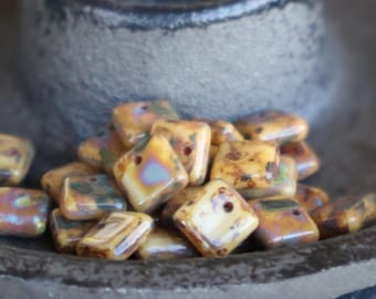 25 Czech Glass Beads 6mm Square Lentil Opaque Beige Picasso (BX 11 - 24)