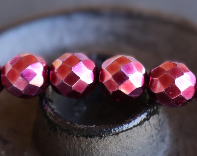 6 Czech Firepolished Faceted 12mm Round Beads Metallic Fuchsia (BX 12 - 27)