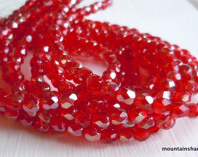 4mm Czech Beads  - Czech Glass Beads Ruby Celsian Faceted Round - 50 pcs (G - 43)