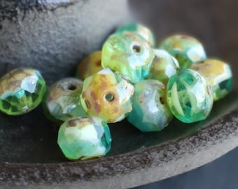12 Aqua Rondelle Czech Glass Beads Faceted Rondelle Blue White Picasso 9mm BX 11 - 24
