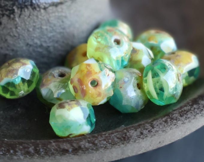 12 Aqua Rondelle Czech Glass Beads Faceted Rondelle Blue White Picasso 9mm BX 11 - 24