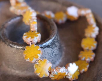 Czech Glass Flower 9mm Milky Orange Picasso Czech Glass Beads (BX 9 - 30)
