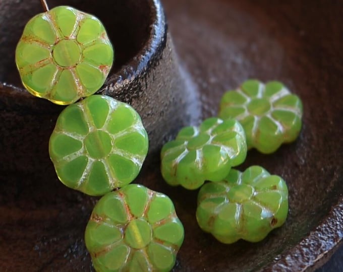 Czech Picasso Bead  Czech Glass Beads 12mm Milky Lime Green Picasso  6 pcs