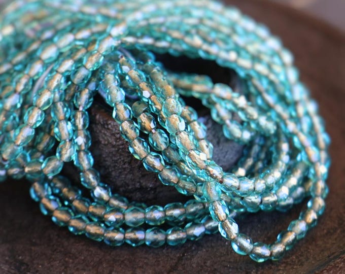 Czech 3mm Beads -  Faceted Round Czech Glass Beads Aqua Gold Lined - 50 pcs (BX 9 - 5)