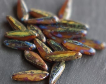 Czech Glass Beads - 16mm Milky Topaz Multi Colored Picasso Daggers - 10 pcs (12 - 14)