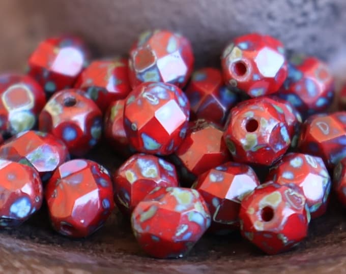 6mm Czech Beads Opaque Red Picasso 01- 04 Firepolished Faceted