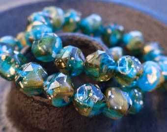 Czech Glass Beads - 9mm Baroque Cut Hyacinth Capri Gold Picasso 15