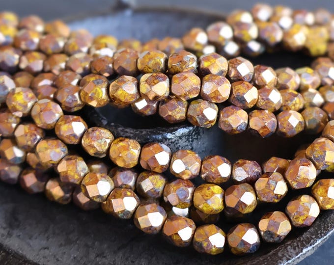 6mm Czech Picasso Bronze Glass Beads Firepolished Faceted - Golden Alchemy (1 - 4)