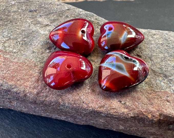 Czech Glass Heart Beads 16mm Red Striped - 4 Beads (7 - 12) Jewelry and Beading Supplies