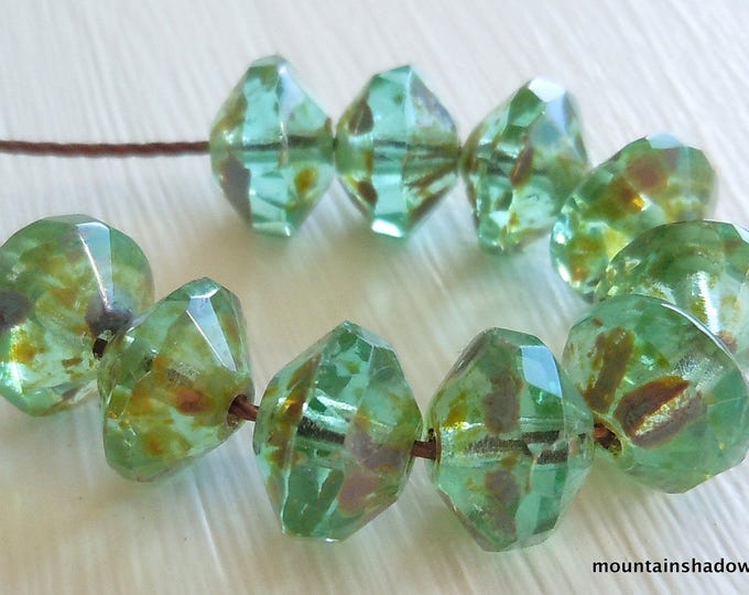 9mm Rivoli Beads - Aqua Picasso Czech Glass Beads - 12pcs  7 - 11 Jewelry and Beading Supplies