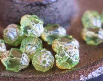 Peridot Picasso Czech Glass Beads 10mm Faceted Turbine - 12 pcs (BX 9 - 5)