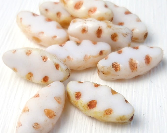 Picasso Glass Beads 10  13mm Opaque White Spindle Beads (BX 11 - 24)