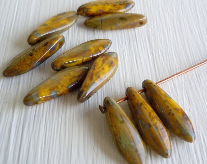 10 Czech Glass Beads  5x16mm Opaque Yellow Picasso Daggers BX 12 - 6 Premium Specialty Glass Beads