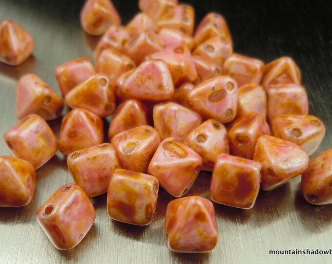 6mm 2 Hole Pyramid - Czech Glass Beads - Opaque Rose Luster 25 pcs