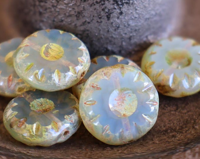 6 Premium Czech Glass Beads 13mm Large Coin Beads Milky Peridot Picasso (BX 11 - 24)
