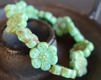 6 Czech Glass Flower Bead - 14mm Wild Rose Bead - Turquoise Picasso 12 - 9