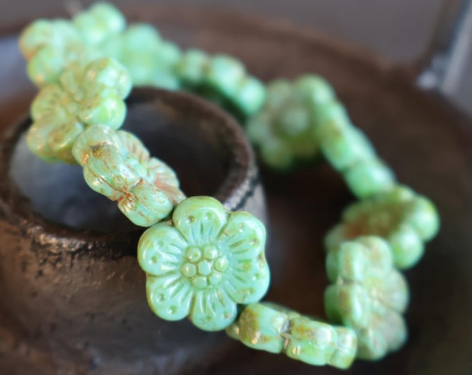 6 Czech Glass Flower Bead - 14mm Wild Rose Bead - Turquoise Picasso 12 - 9