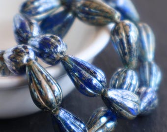 6 Czech Glass Beads  Tear Drop Beads Cobalt Blue Silver Picasso 13mm BX 12 - 9 Jewelry and Beading Supplies