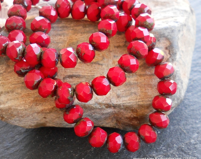25 Czech Glass Rondelle Beads 4x6mm Opaque Red Picasso (BX 12 - 27)