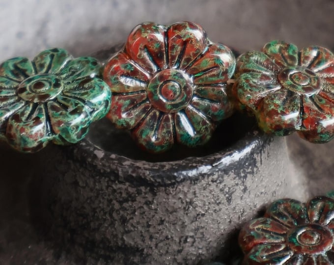 Czech Picasso Beads 18mm Chunky Flower - Olivine Ruby Picasso Czech Glass Beads