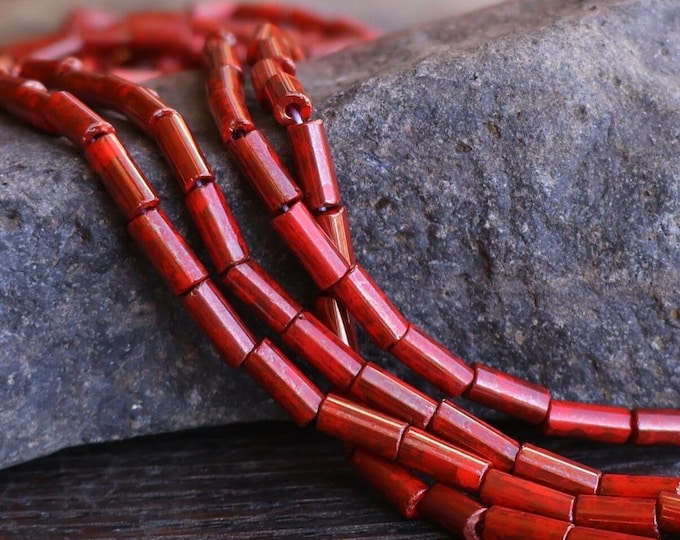 Czech Picasso Aged Coral Red  Half Strand (29) Bugle Bead Size 9x4mm - (2 - 1)