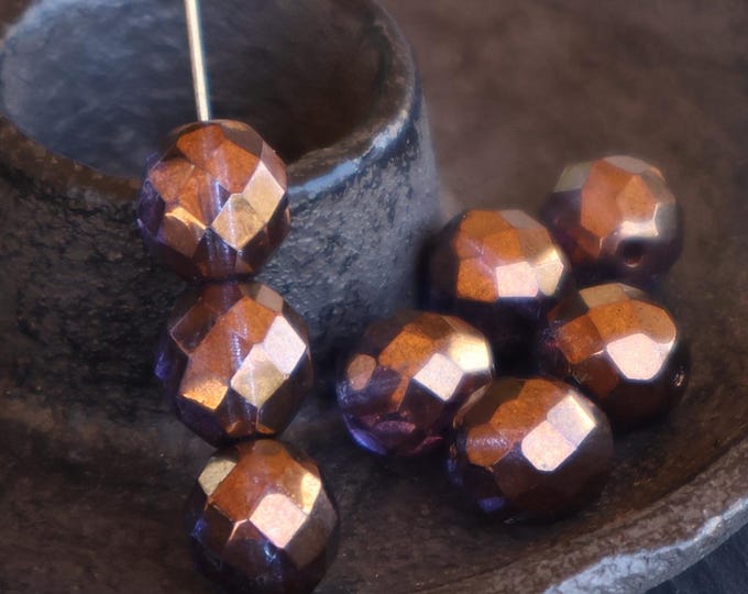 Czech Glass Beads - 10mm Faceted Round Glass Beads Amethyst Bronze Luster