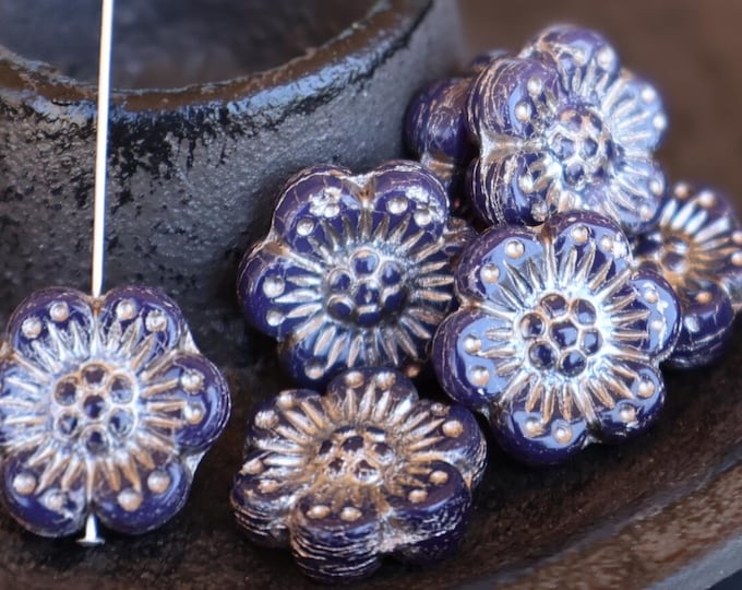 6 Czech Glass Flower Bead - 14mm Wild Rose Bead - Blue Platinum Picasso 3 - 29