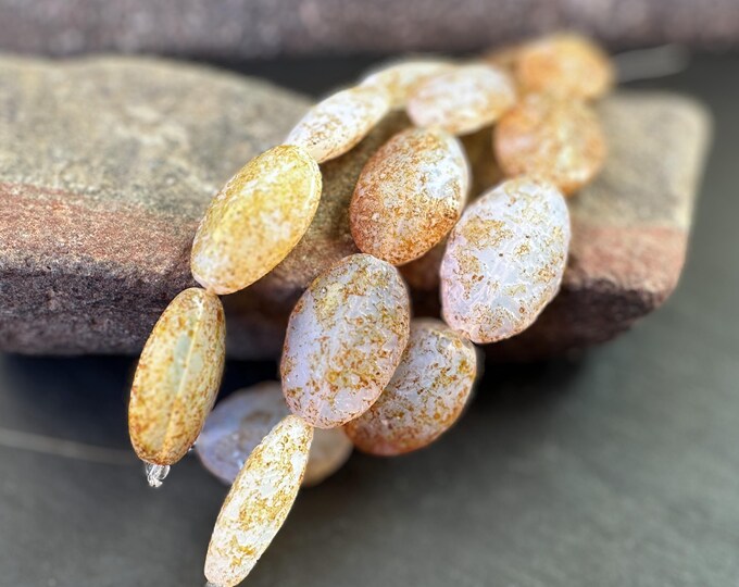 24mm Pressed Glass Raised Oval Czech Glass Beads Milky Light Amethyst White Stone Picasso - 5