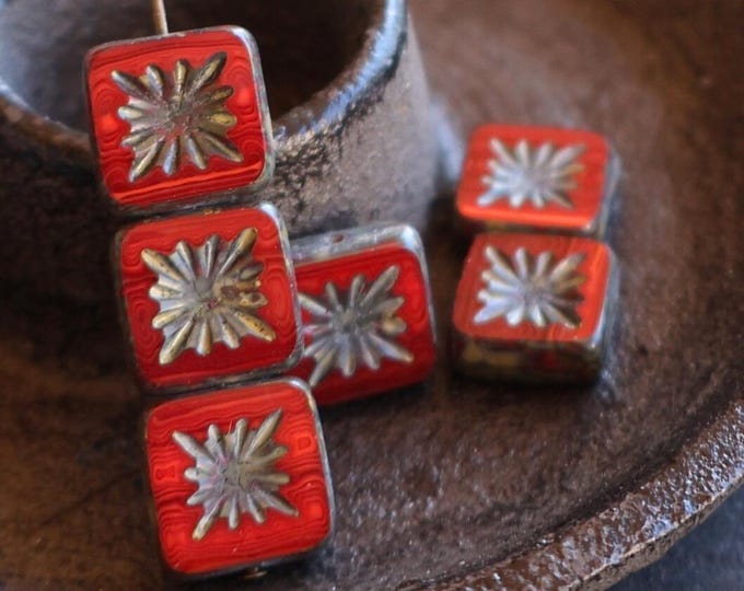 Czech Glass Beads 10mm Square Beads Red Velvet Picasso - 8