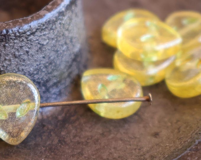 10 Alien Head Czech Glass Beads - 11mm Green Gold Luster