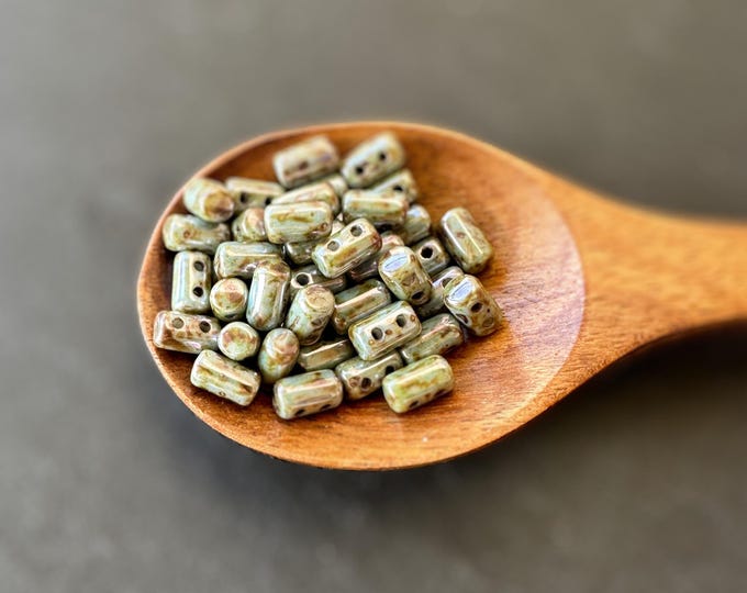 Czech Glass Beads 5mm Pressed 2 Hole Opaque Antique Green Luster "Rulla" 9 grams (9 - 12) Jewelry and Beading Supplies
