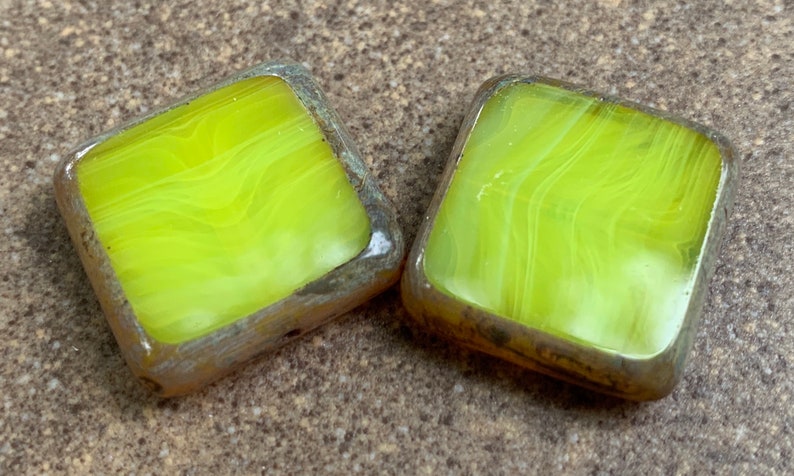 Czech Glass Beads 18mm X-Large Square Milky Lime Picasso 2 Beads BX 7 28 image 1