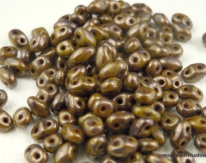 Czech MiniDuo 2 Hole Beads - Opaque Olive - Bronze Picasso  2x4mm