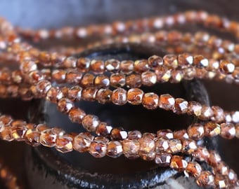 Czech 2mm Beads -  Faceted Round Czech Glass Beads Bronze Nectar Pink Picasso - 50 pcs (BX 8 - 26)