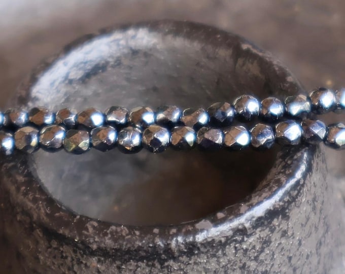 Hematite Glass 3mm Czech Beads  - Firepolished Faceted Round Beads 50 pcs