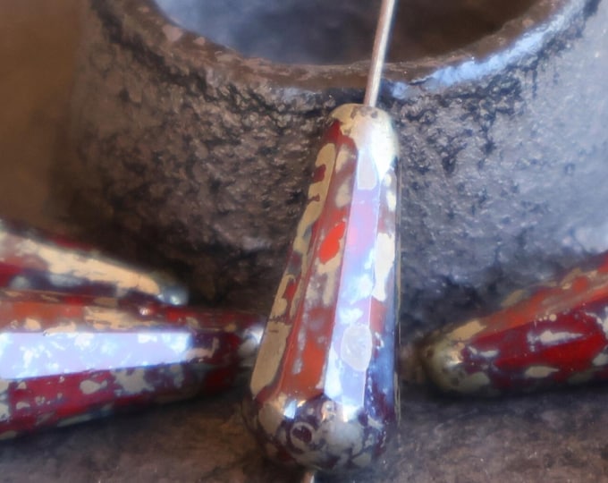 Czech Glass Beads - Tear Drop Beads Red Velvet Picasso Faceted 20mm Drop