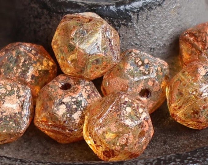 Light Amber Gold Picasso - Czech Glass Beads 12mm English Cut - 6 Pack