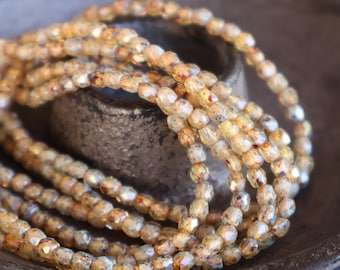 Czech 3mm Beads -  Faceted Round Czech Glass Beads Milky Crystal Picasso - 50 pcs (BX 10 - 20)