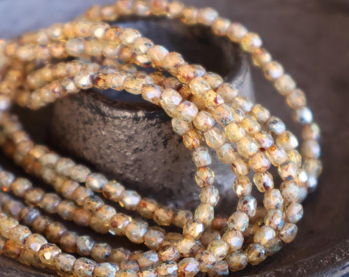 Czech 3mm Beads -  Faceted Round Czech Glass Beads Milky Crystal Picasso - 50 pcs (BX 10 - 20)