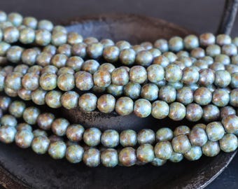 25 6mm Czech Glass Antique Green Picasso Smooth Round Beads - BX 9 - 30