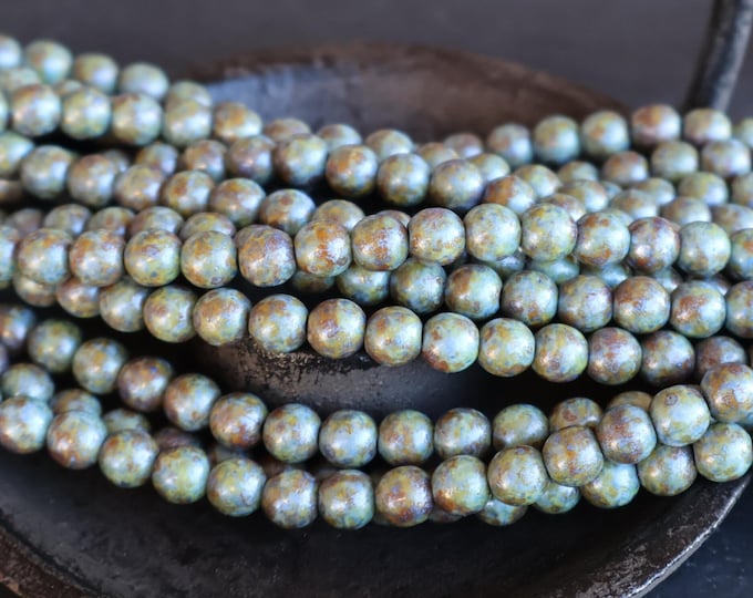 25 6mm Czech Glass Antique Green Picasso Smooth Round Beads - BX 9 - 30