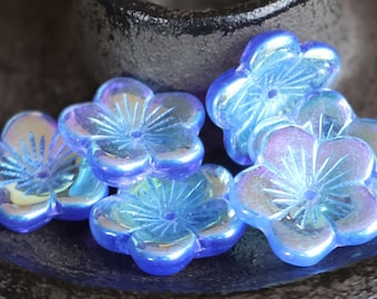 6 16mm Czech Glass Large Flat Flowers Sapphire AB (BX 10 - 20) Jewelry and Beading Supplies