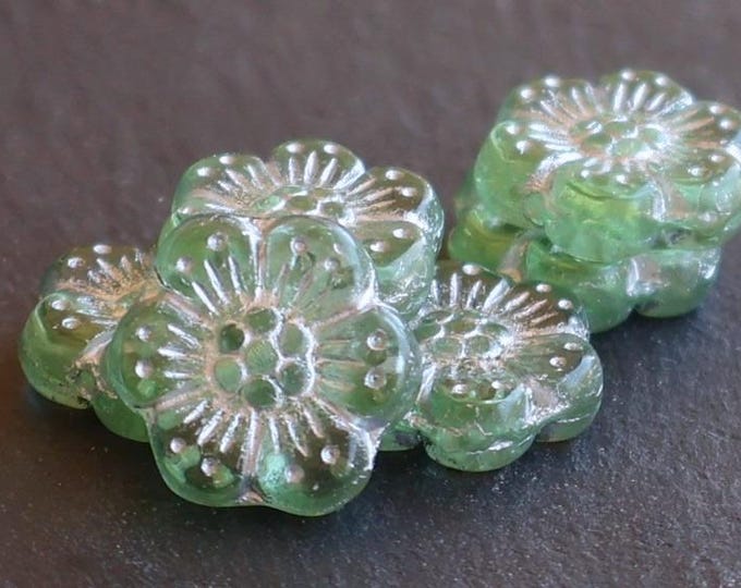 6 Czech Glass Flower Bead - 14mm Wild Rose Bead - Erinite Green Silver Picasso