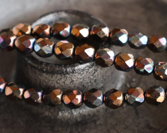 6mm Czech Picasso Bronze Glass Beads Firepolished Faceted - Desert Bronze Mirage