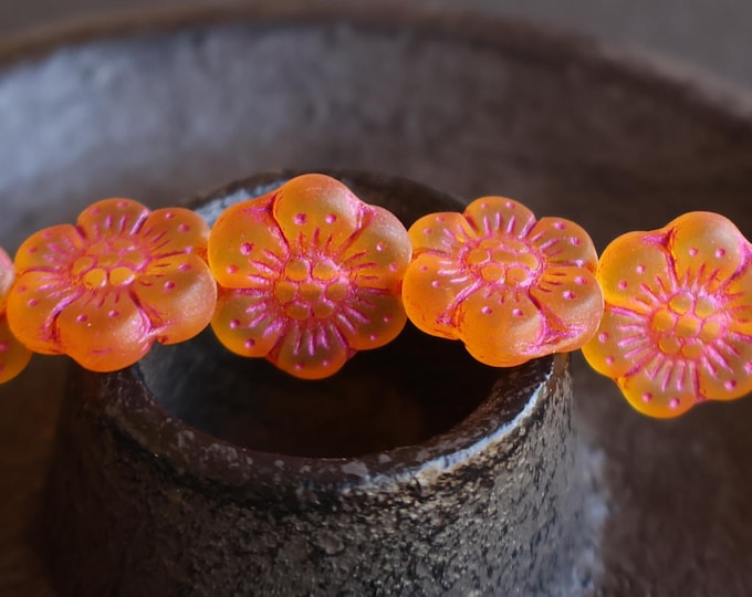 6 Czech Glass Flower Bead - 14mm Wild Rose Bead - Matte Orange Lavender Picasso