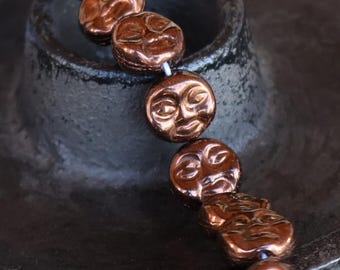 12 - 9mm Small Moon Face Bead - Czech Glass Bead - Bronze Picasso 12 - 9